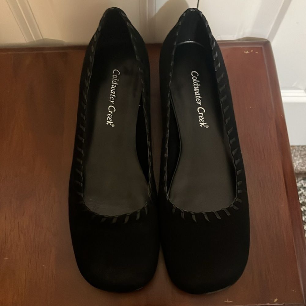 Coldwater Creek Black Suede Leather Braided Wedges Women’s 7 New without Box
